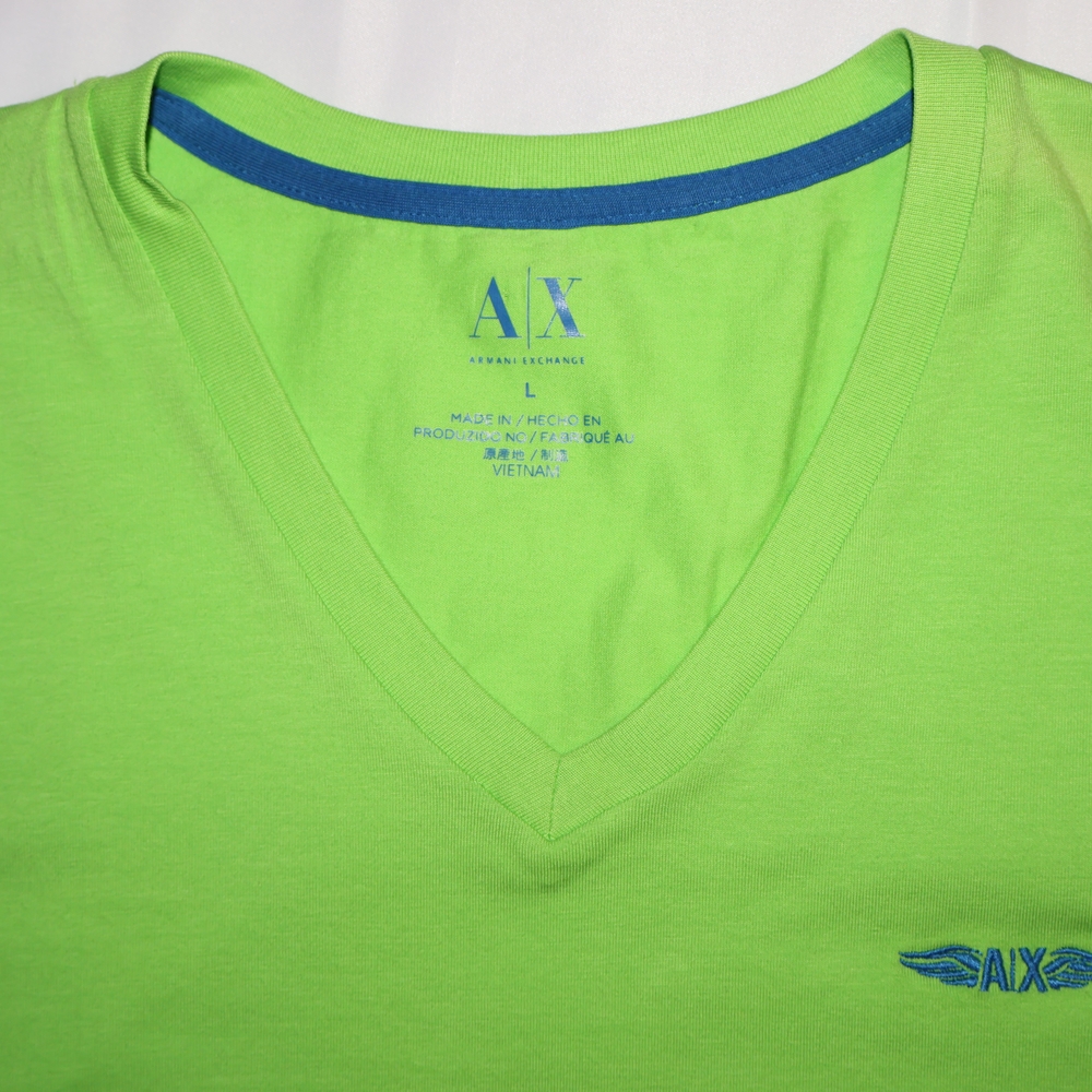 Armani Exchange Lime V-Neck Tee with Blue Accent